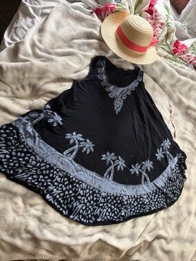 Black Sleeveless Midi Dress with Light Blue Palm Embroidery